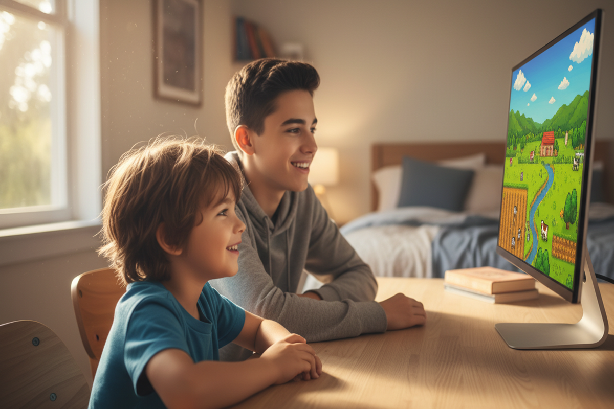 Deux frères qui jouent ensemble à un jeu de simulation