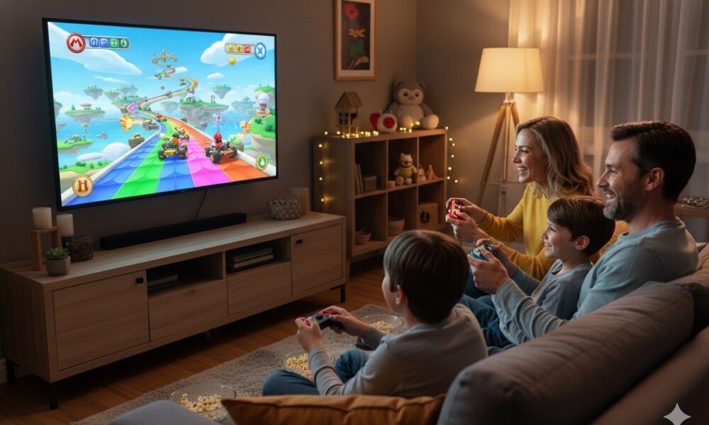 famille jouant à Mario Kart en famille