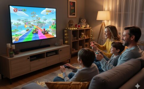 famille jouant à Mario Kart en famille