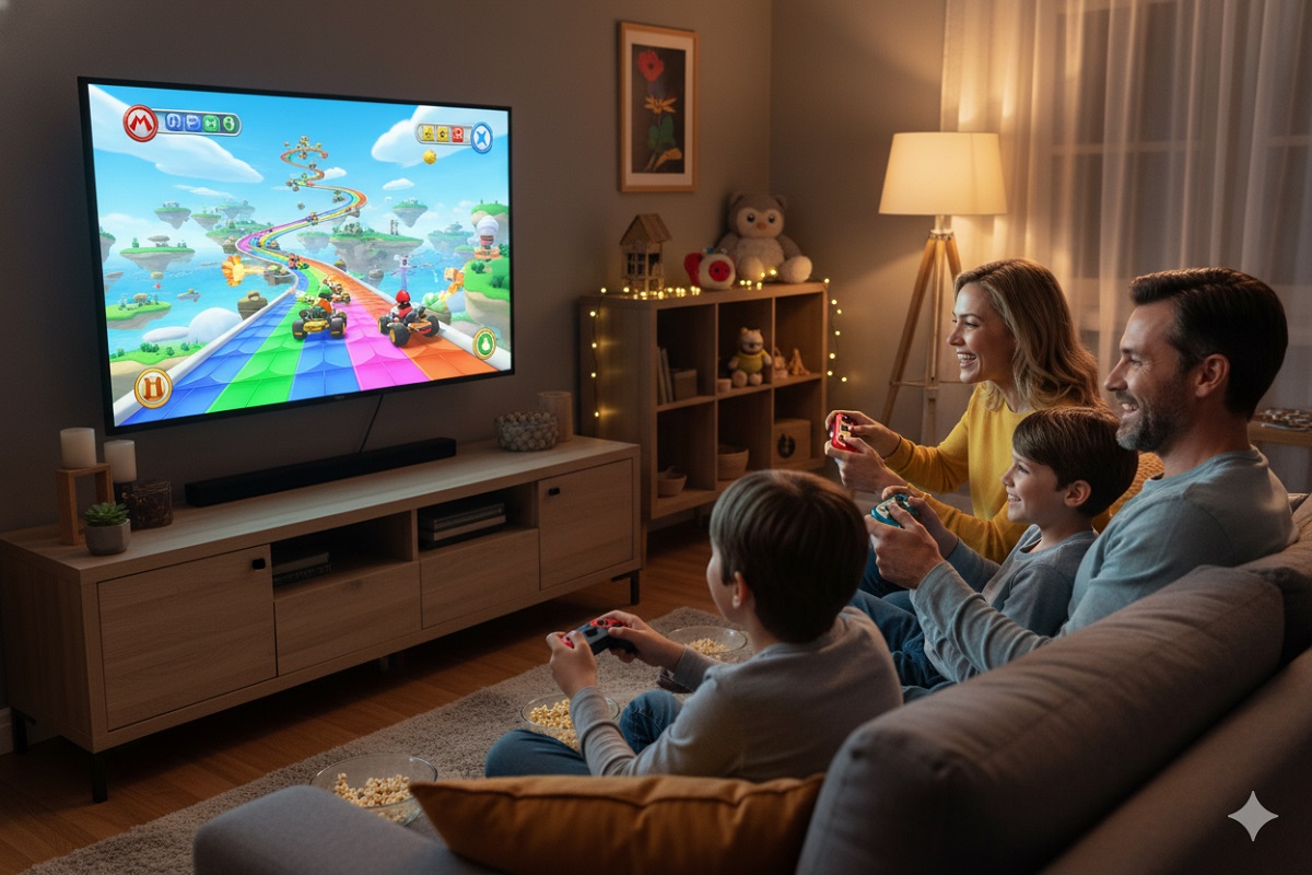 famille jouant à Mario Kart en famille