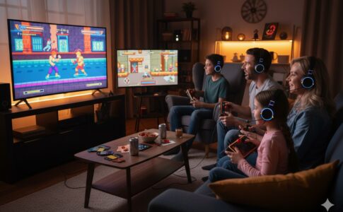 famille jouant à des jeux d’arcade