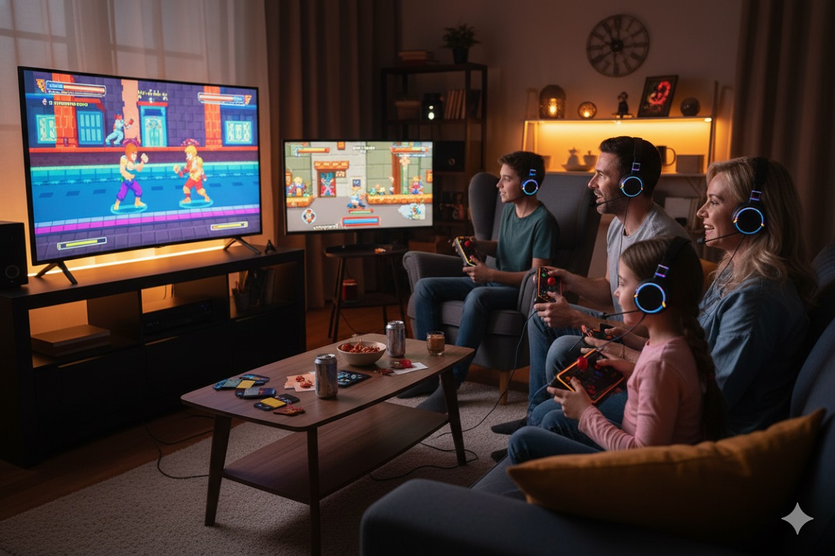 famille jouant à des jeux d’arcade