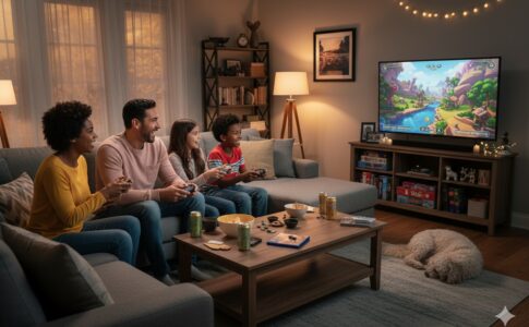 famille jouant à des jeux en ligne