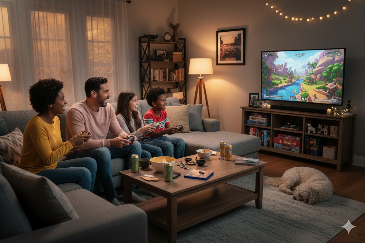 famille jouant à des jeux en ligne