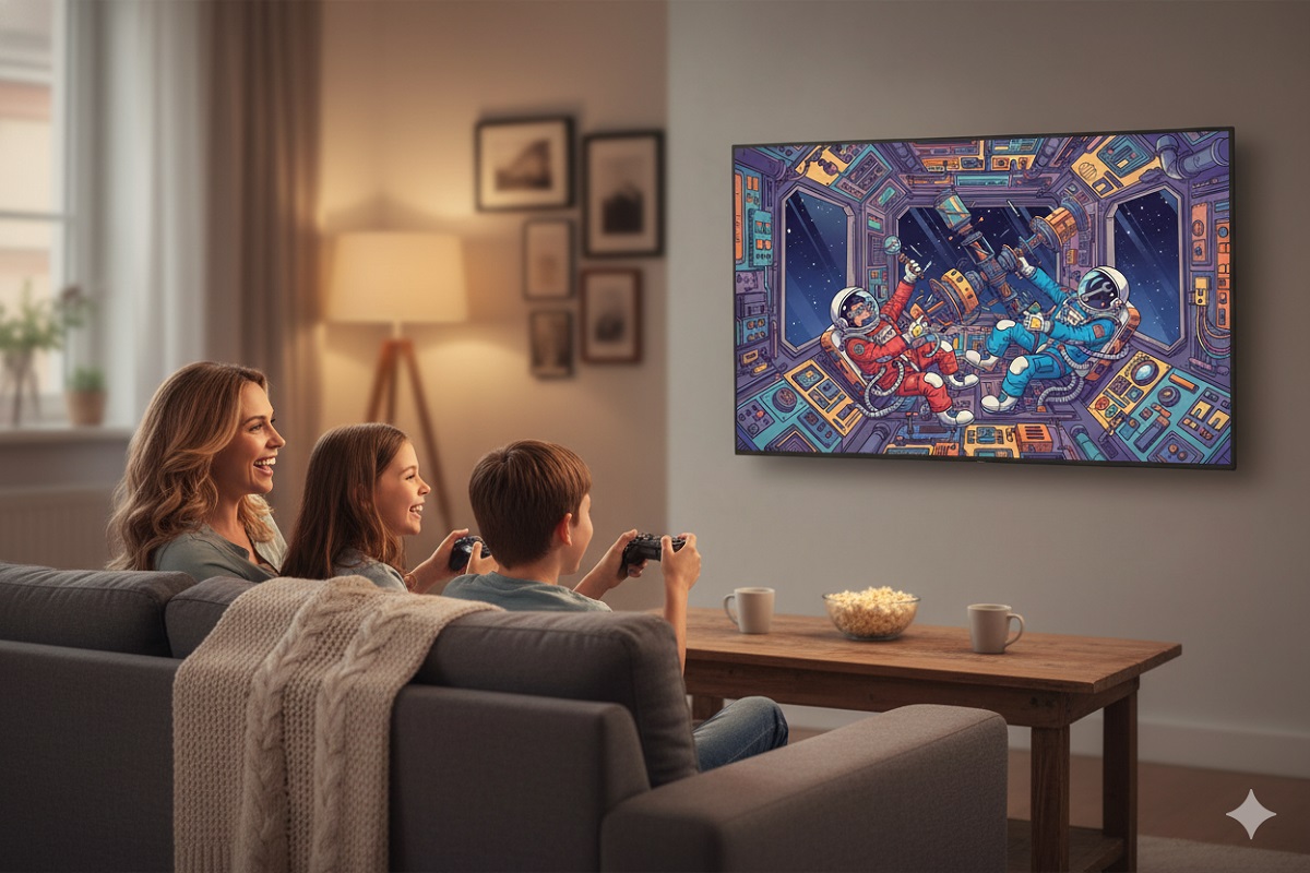  famille jouant ensemble à des jeux vidéo coopératifs