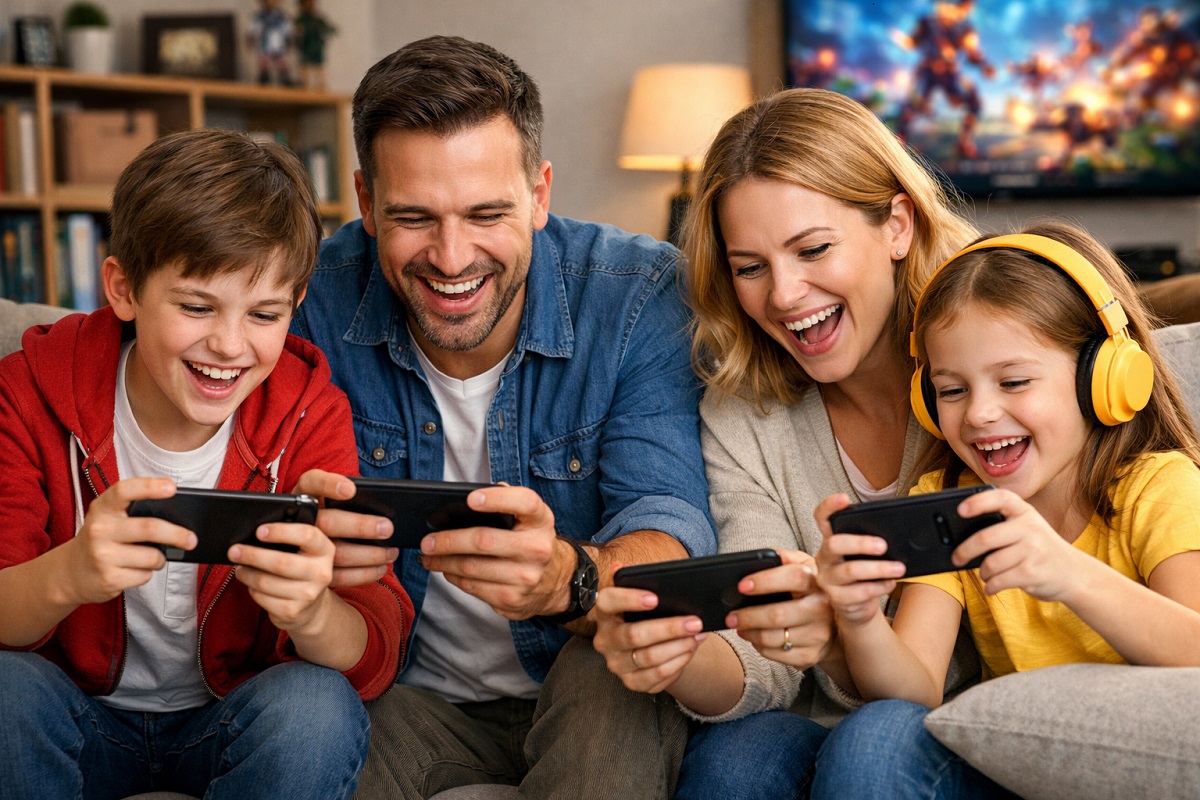 gamers jouant à Crossy Chicken en famille