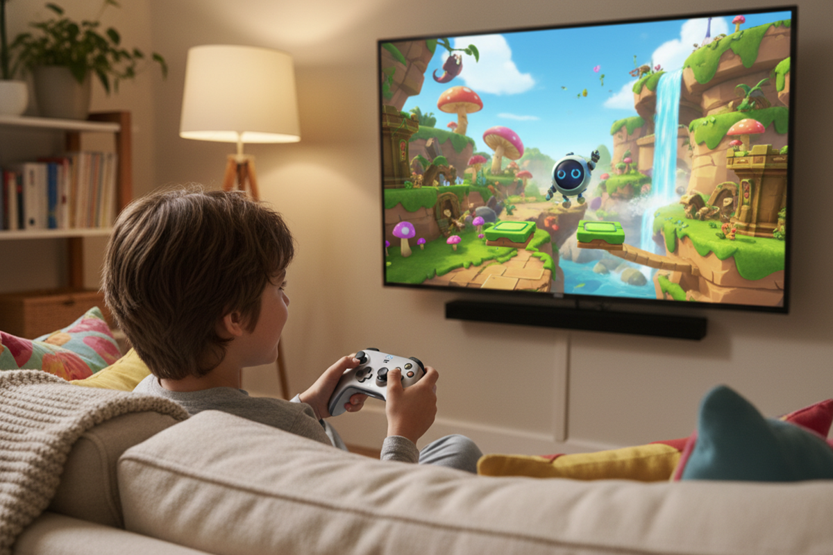 Un enfant qui joue aux jeux PS4 comme Astro Bot