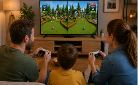 Une famille qui joue à un jeu similaire à Golf with Your Friends 2