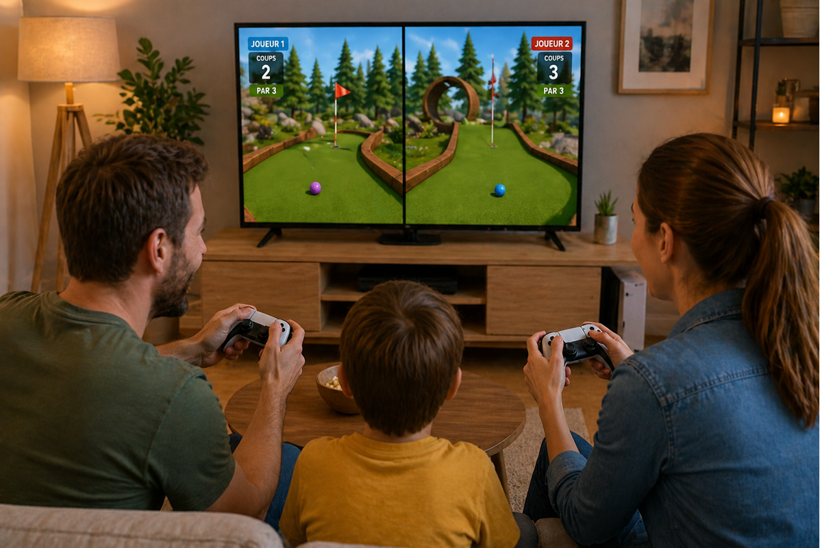 Une famille qui joue à un jeu similaire à Golf with Your Friends 2