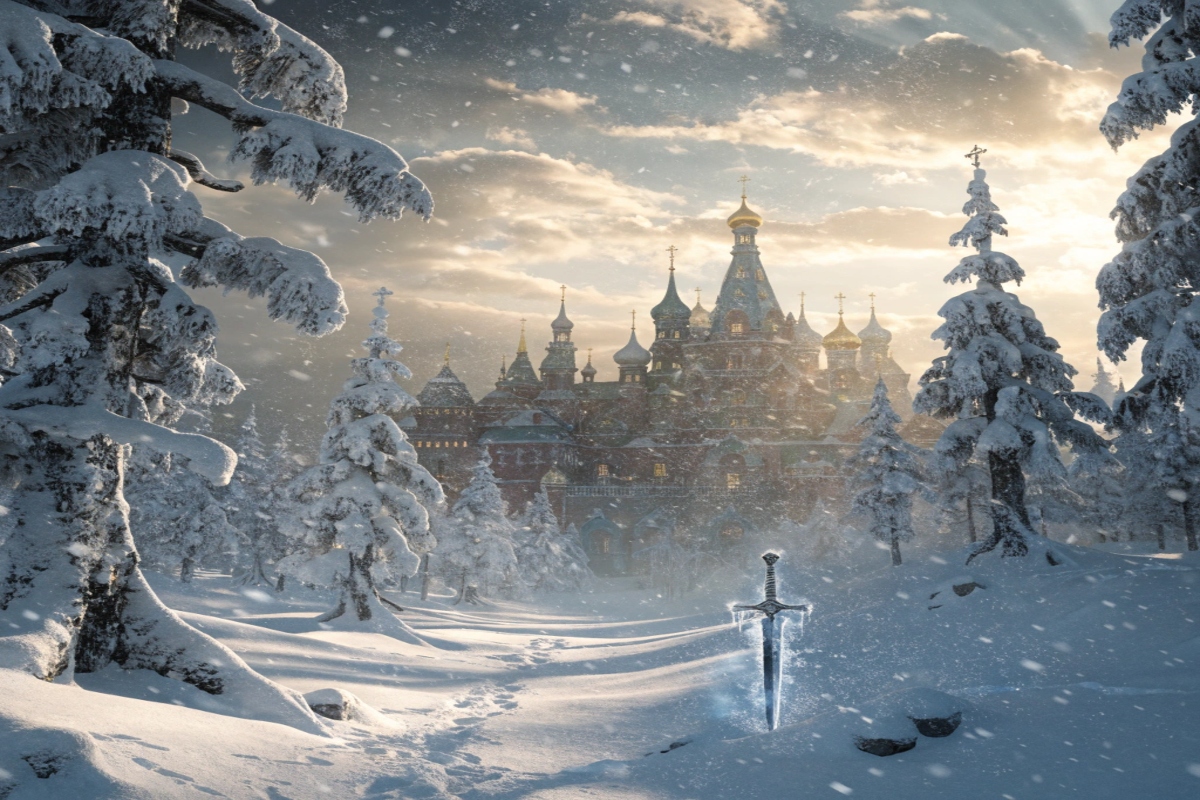 Paysage de conte fantastique avec château et épée magique brillante