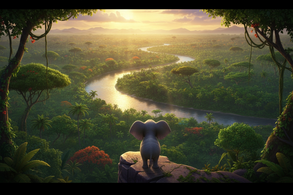 Un éléphant dans un paysage de jungle luxuriante