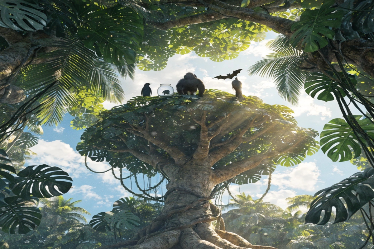 Des animaux de dos en haut d'un arbre