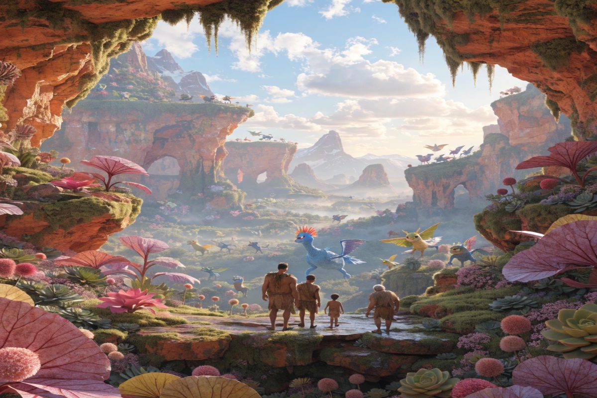 Famille préhistorique de dos dans paysage coloré