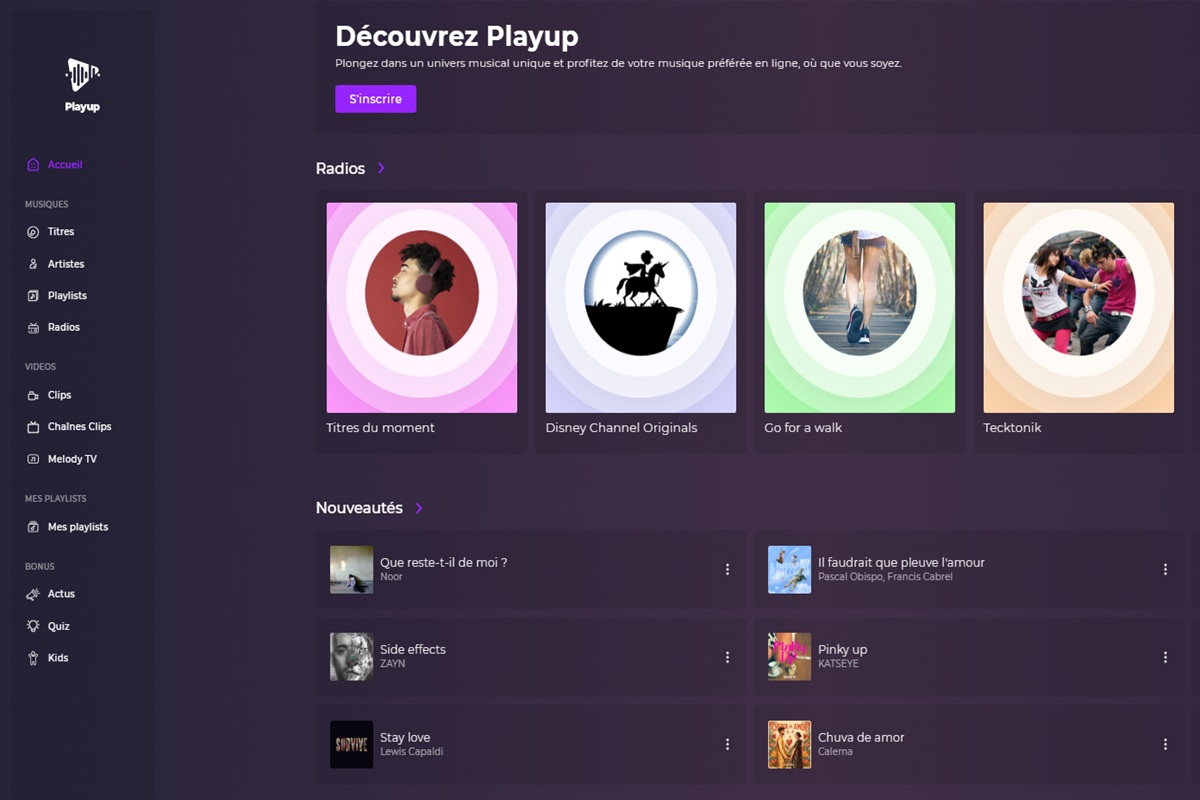 La page d'accueil de Playup