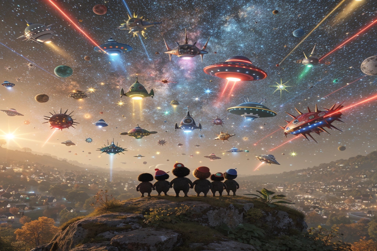 Des animaux de dos devant un ciel étoilé avec des vaisseaux spatiaux