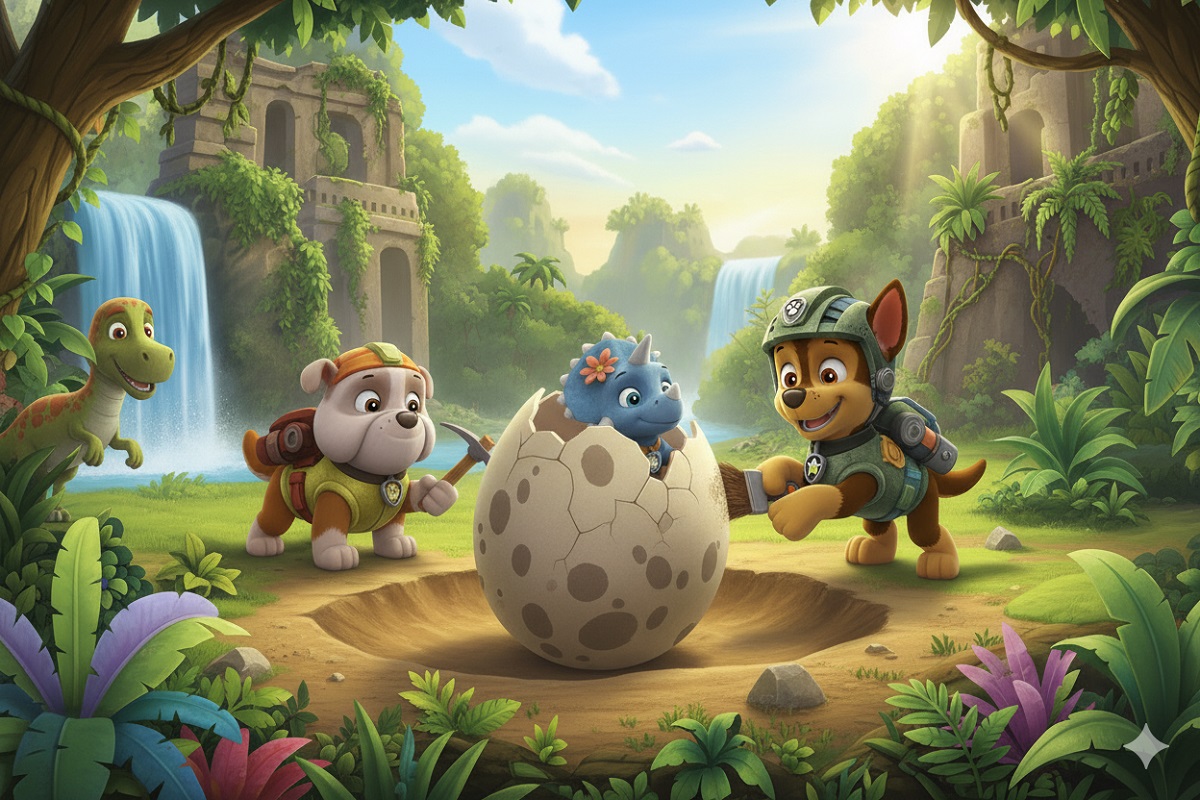 personnages inspirés de Marcus et Rubble dans Paw Patrol Mission Dino