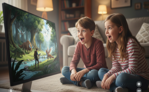 Deux enfants devant un jeu PC