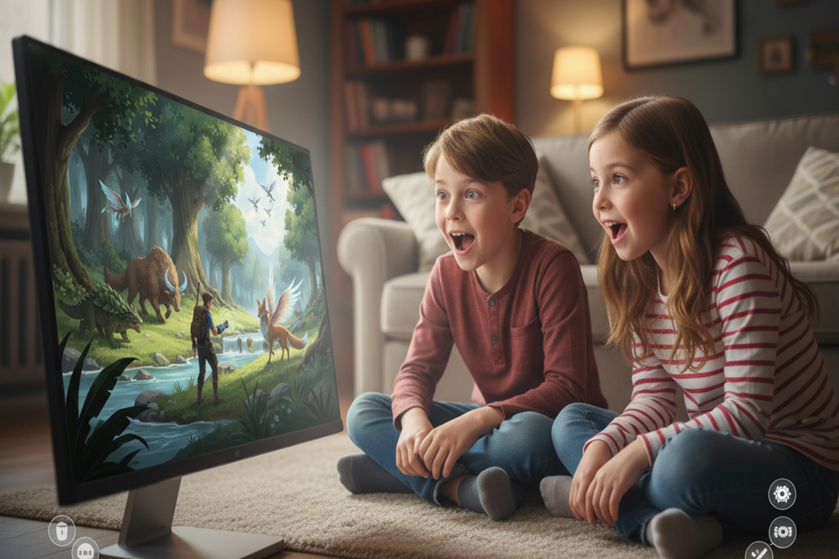 Deux enfants devant un jeu PC