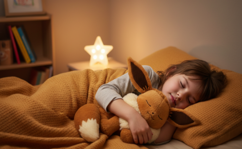 Un enfant qui dort avec une peluche Pokémon