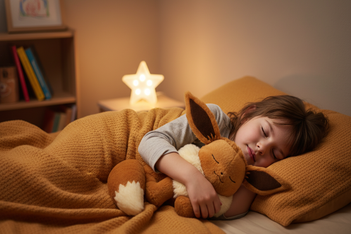 Un enfant qui dort avec une peluche Pokémon