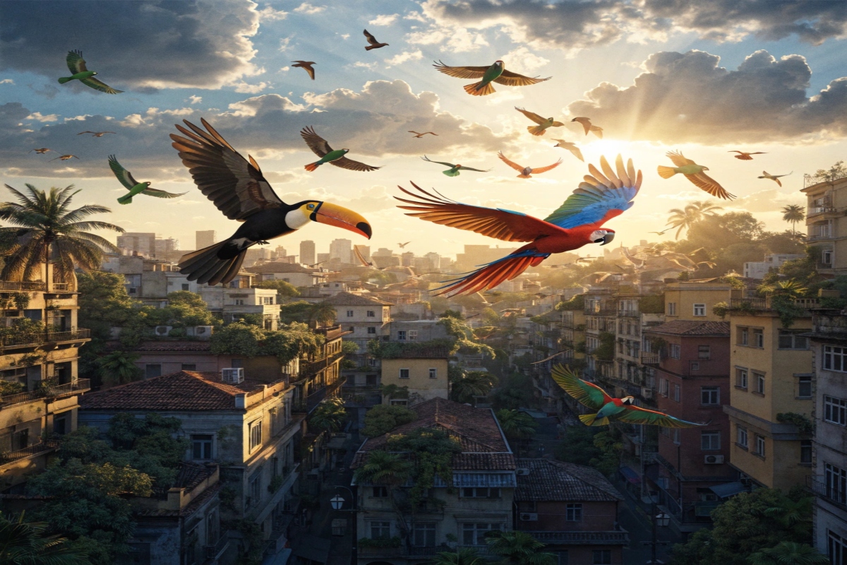 Nuée d'oiseaux colorés survolant une ville