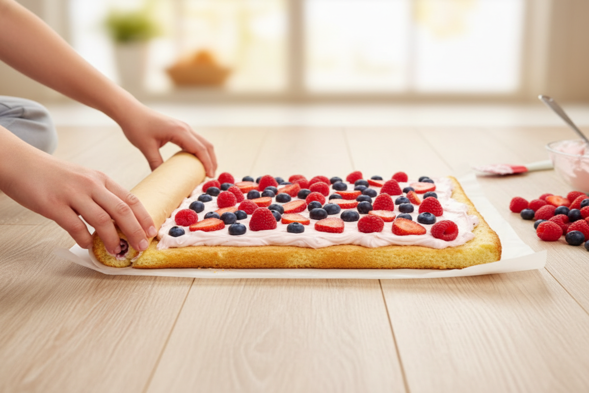 un cheesecake roulé aux fruits rouges en préparation