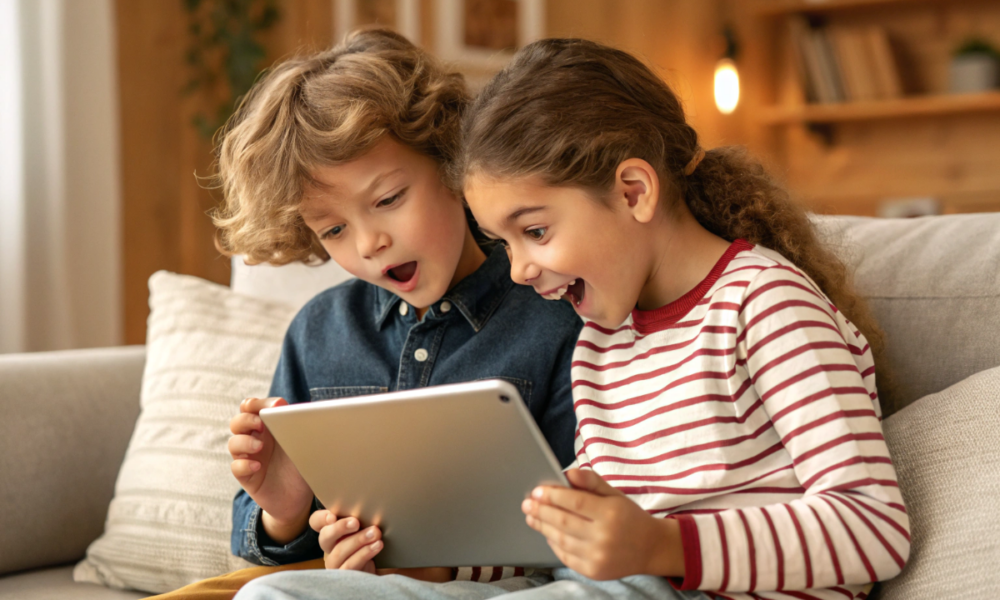 un frère et sa sœur qui regardent une bande annonce sur tablette