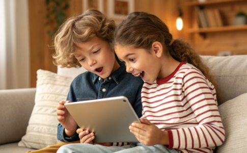 un frère et sa sœur qui regardent une bande annonce sur tablette