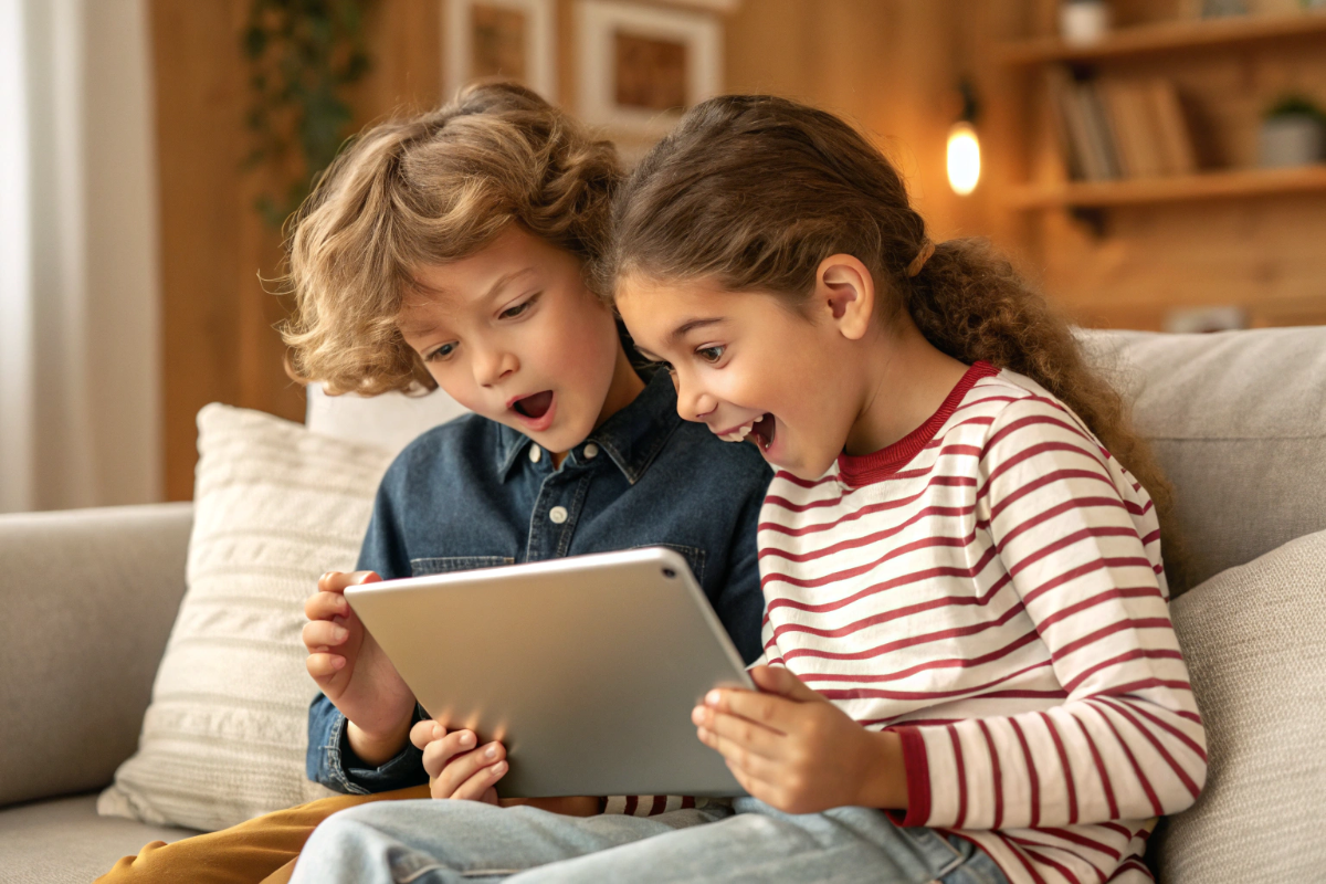 un frère et sa sœur qui regardent une bande annonce sur tablette