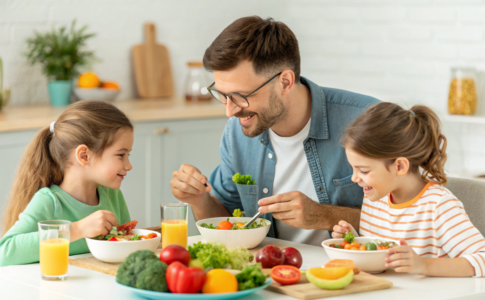 un homme et ses enfants qui prennent soin de leur santé oculaire à travers leur alimentation