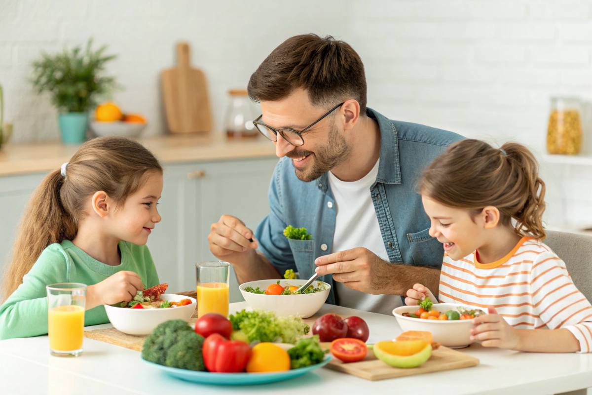 un homme et ses enfants qui prennent soin de leur santé oculaire à travers leur alimentation