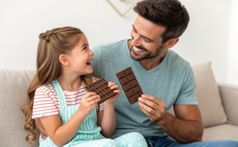 un père et sa fille qui mangent du chocolat sans sucre