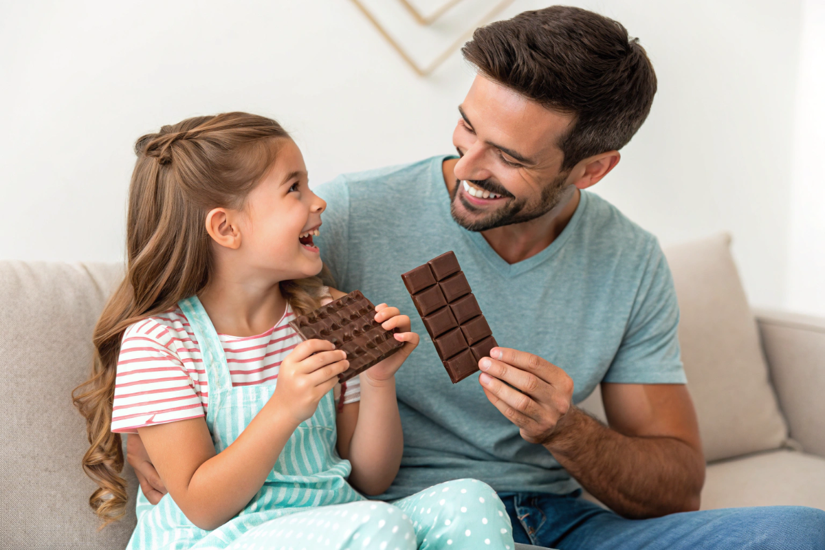 un père et sa fille qui mangent du chocolat sans sucre