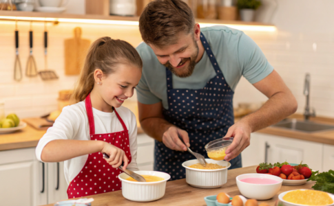 un père et sa fille qui préparent une crème brûlée