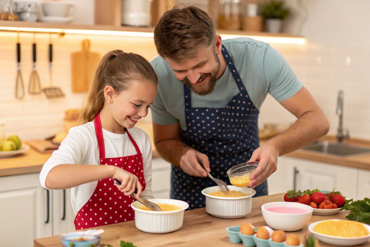 un père et sa fille qui préparent une crème brûlée