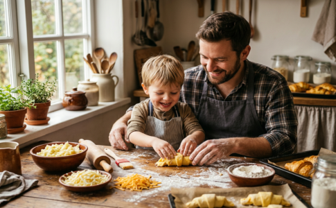 un père et son fils qui préparent des croissants de pommes de terre farcis