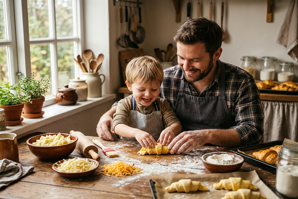 un père et son fils qui préparent des croissants de pommes de terre farcis
