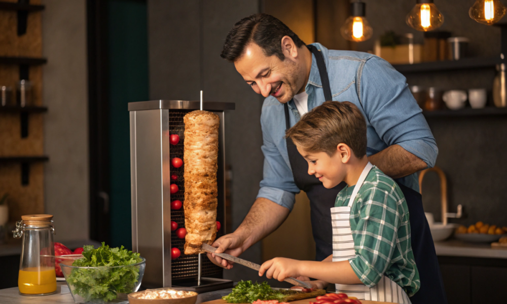 un père et son fils qui préparent un shawarma