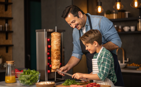 un père et son fils qui préparent un shawarma