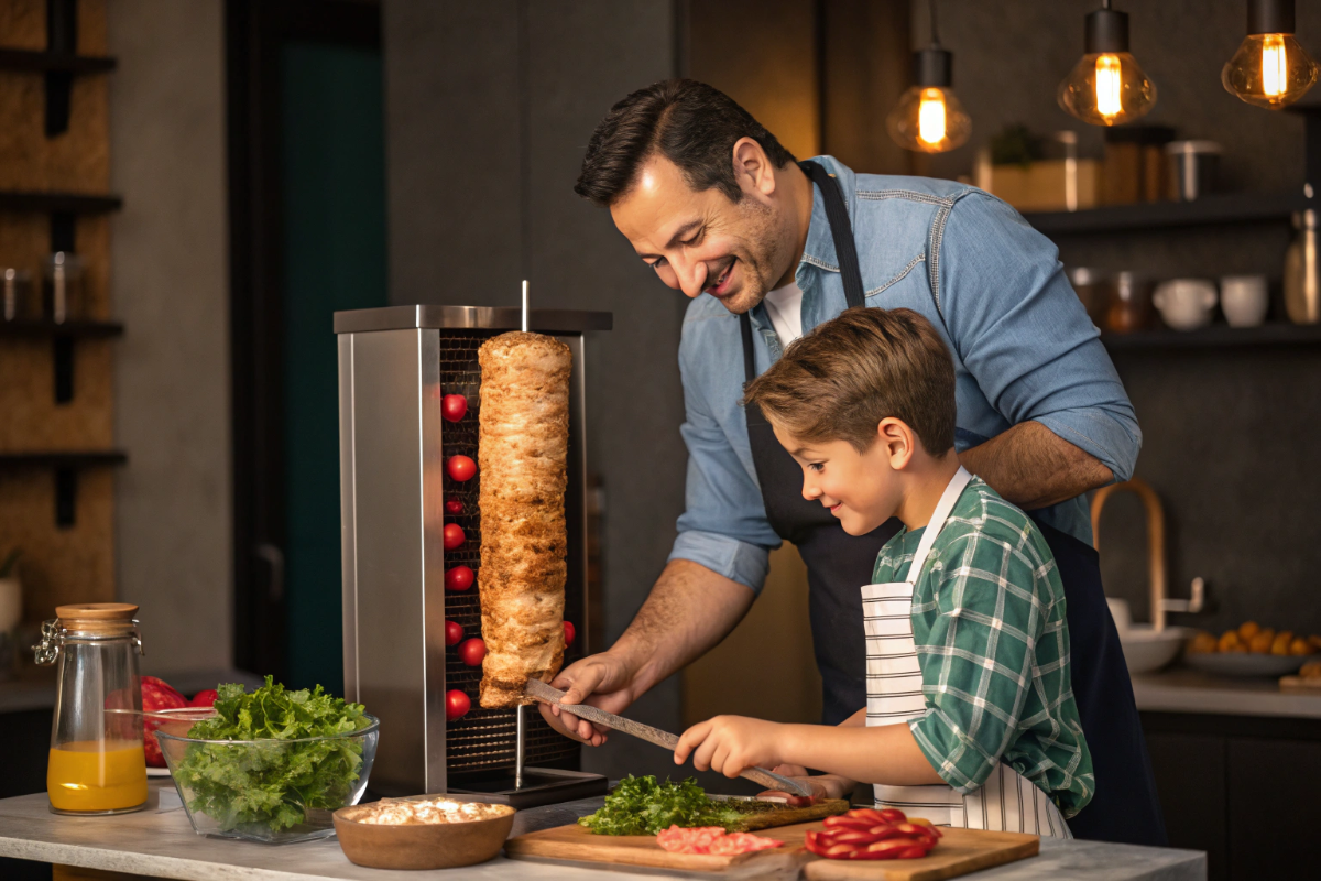 un père et son fils qui préparent un shawarma