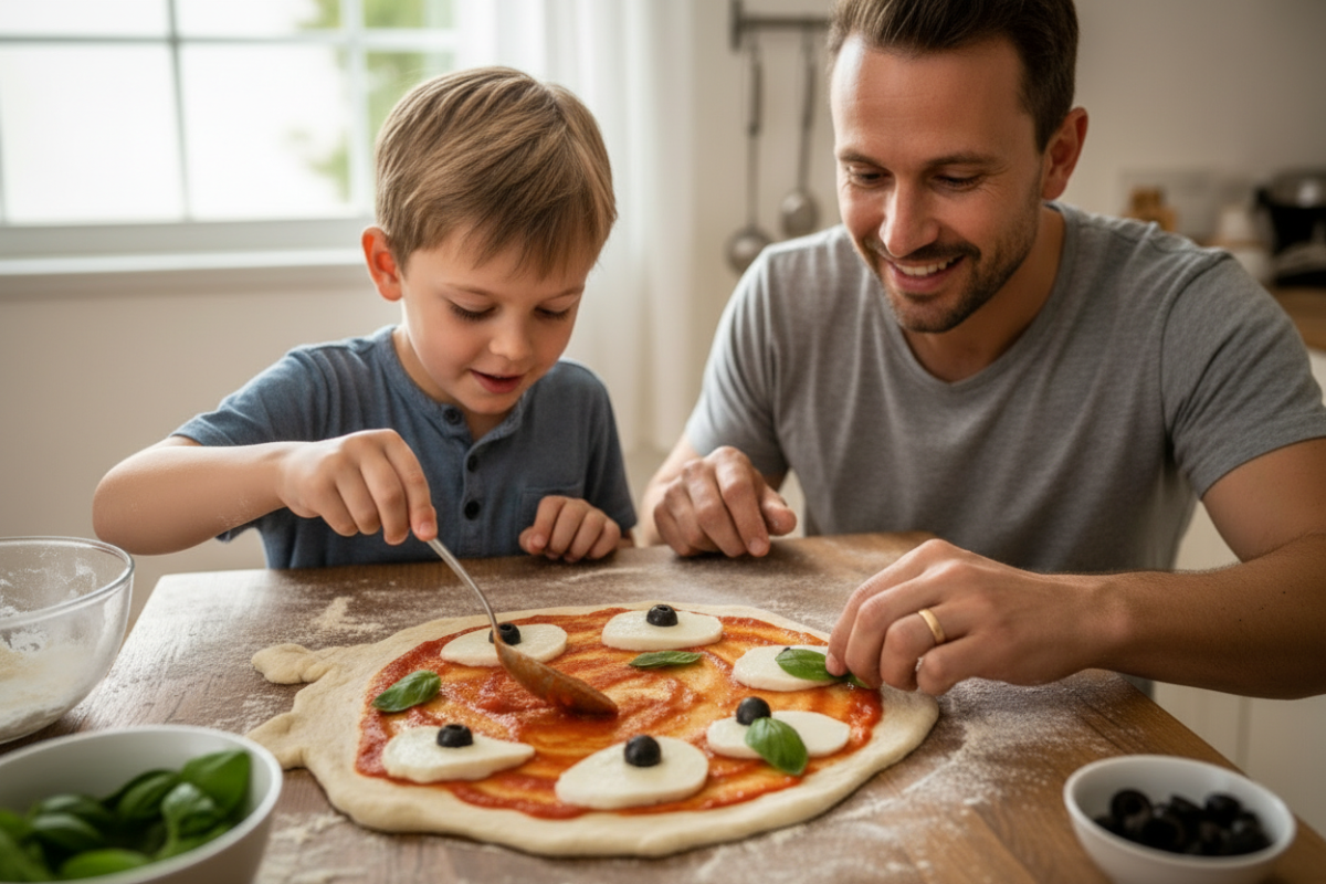 un père et son fils qui préparent une pizza fantôme