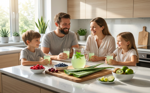 une famille qui consomme du jus d’aloe vera pour une meilleure santé