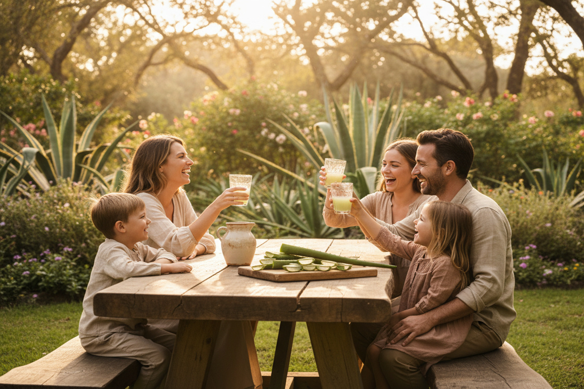 une famille qui consomme du jus d’aloe vera