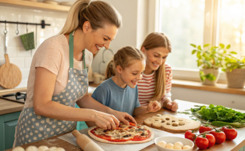 une famille qui prépare une pizza végétarienne aux champignons