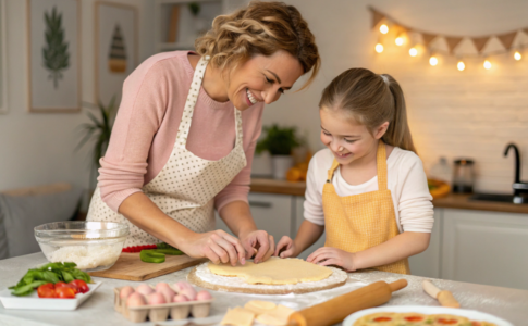une femme et sa fille qui préparent la galette complète