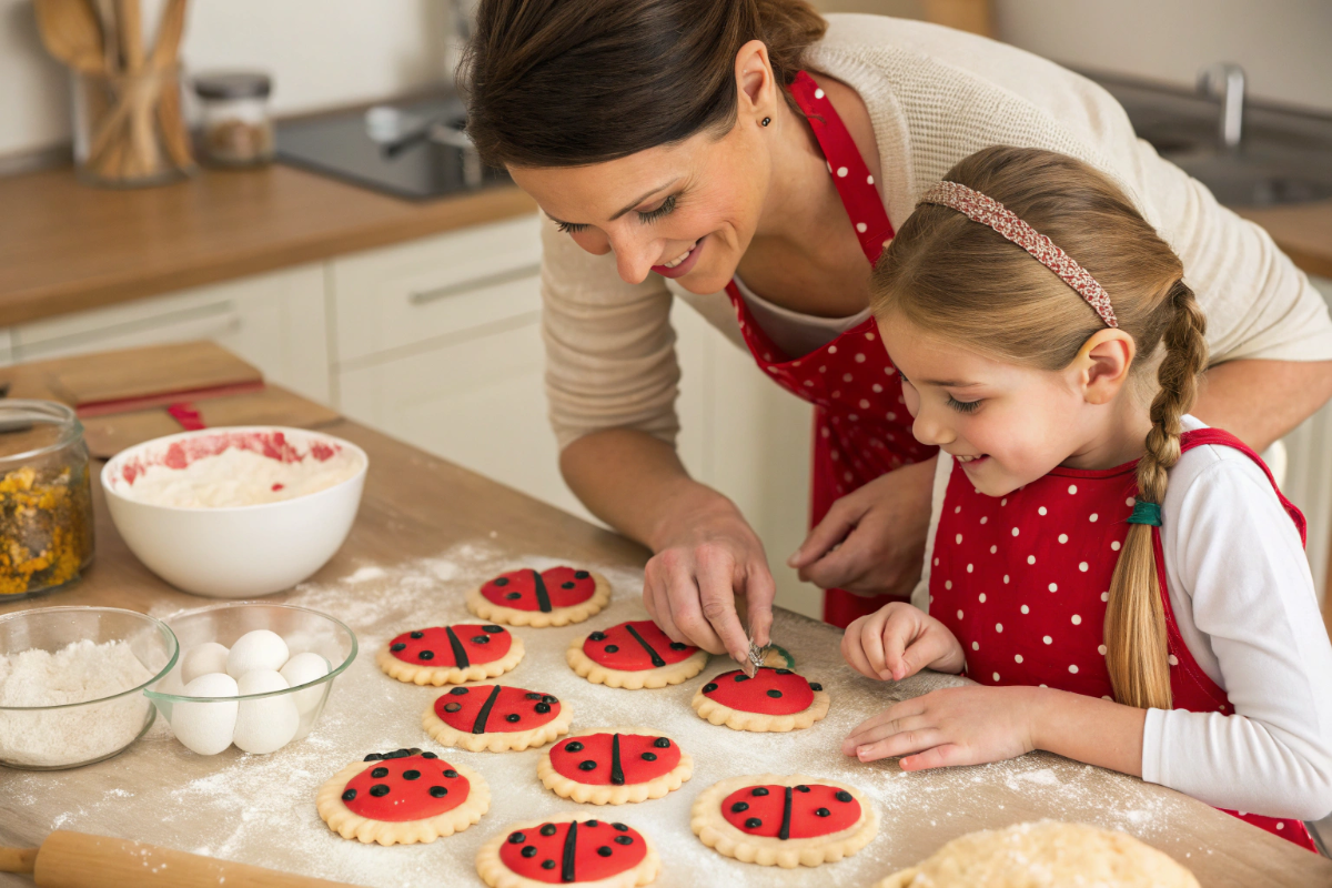 une femme et sa fille qui préparent une tarte aux pommes des coccinelles