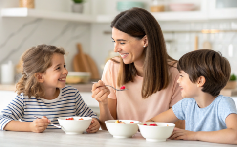 une femme et ses enfants qui mangent du yaourt