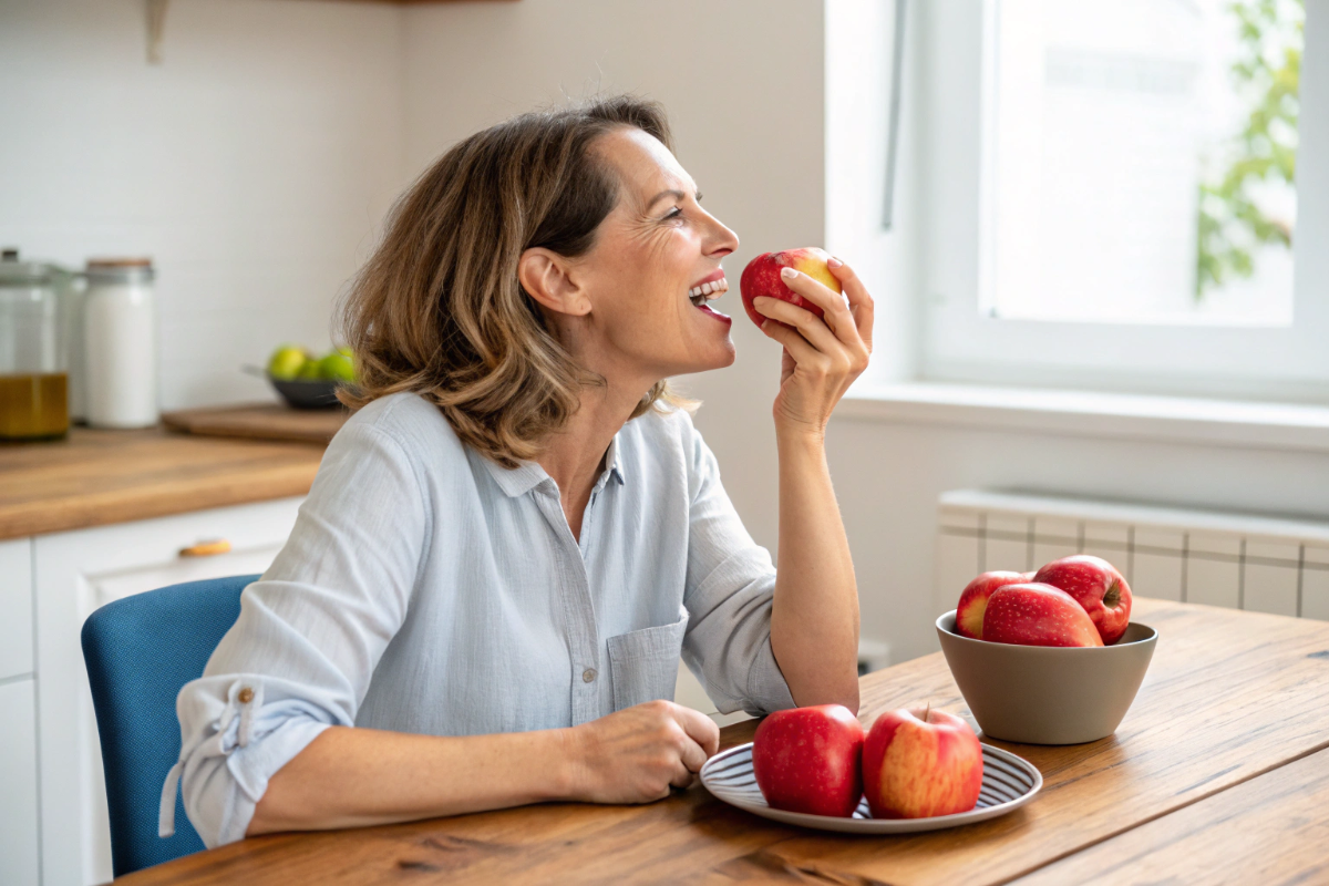 une femme qui mange une pomme