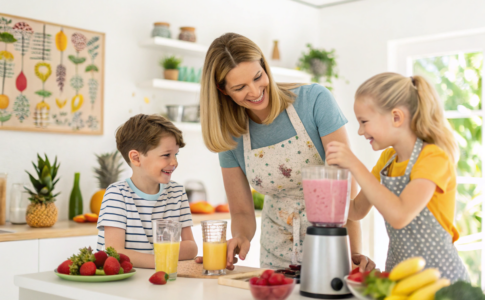 une maman et ses enfants qui préparent le cocktail des enfants