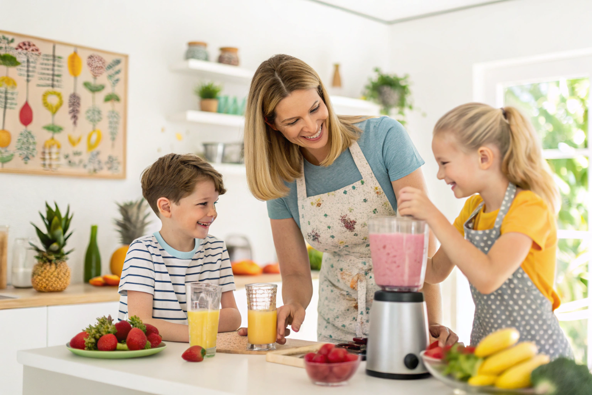 une maman et ses enfants qui préparent le cocktail des enfants